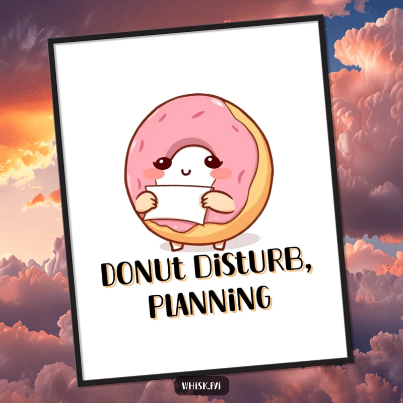 Funny poster of a determined, small donut character carefully folding a small piece of parchment paper, whimsical baking art.