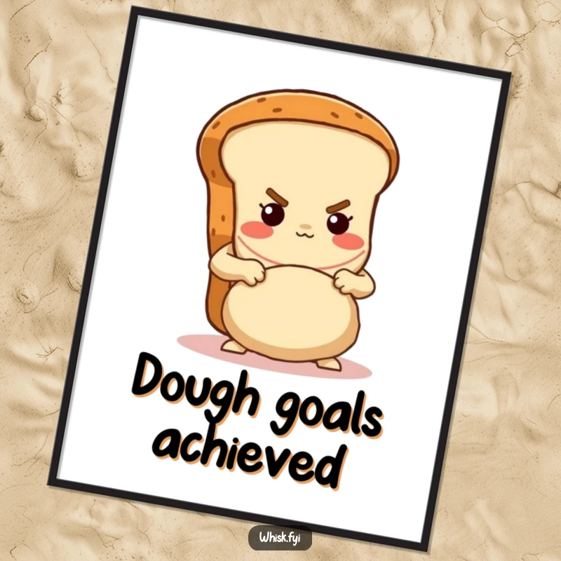 Funny determined brown bread loaf character proudly kneading dough with gusto, displayed on a poster, inspiring baking art.