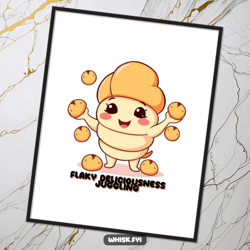 Funny poster illustrating a smiling croissant character juggling tiny bread rolls with gusto, perfect for a kitchen or cafe.