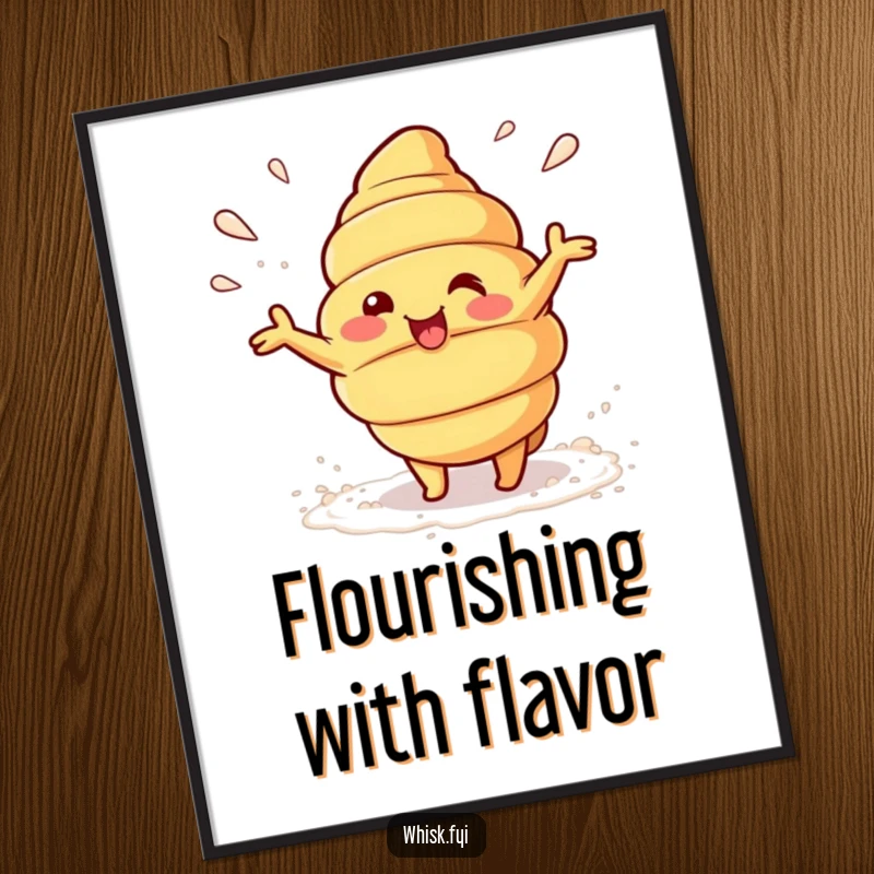 Funny Kawaii croissant character humorously beaming and tossing flour on a poster, promoting baking fun.