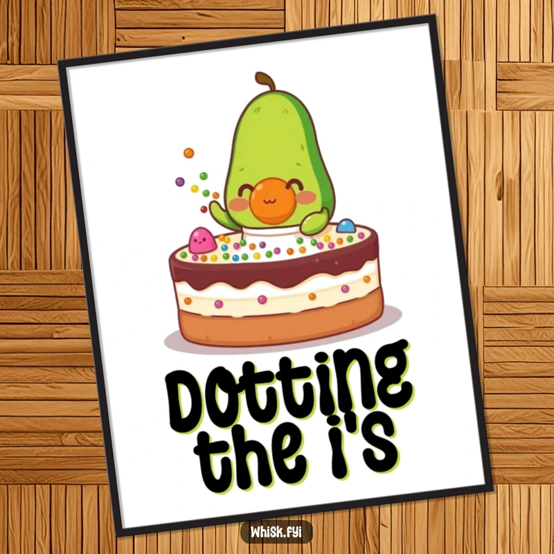 Funny green avocado character in an apron sprinkling colorful dots onto a cake, a fun art print.