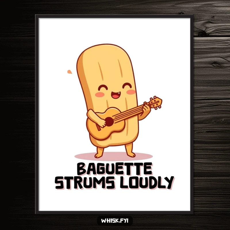 Funny baguette poster displays a delighted baguette character joyfully playing a miniature pastry guitar, adding whimsical art to any room.