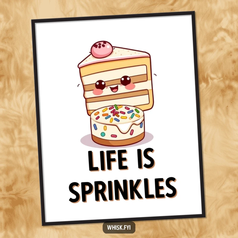 Funny poster featuring a beaming slice of cake decorating a small cake with sprinkles, perfect for kitchen art.