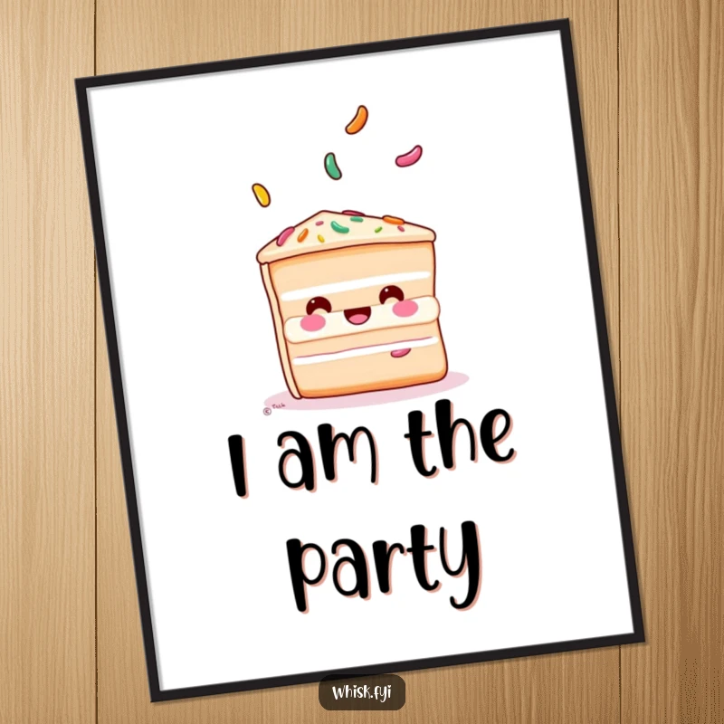 Funny cake poster print of a playful slice of cake juggling colorful sprinkles, adding a whimsical touch.