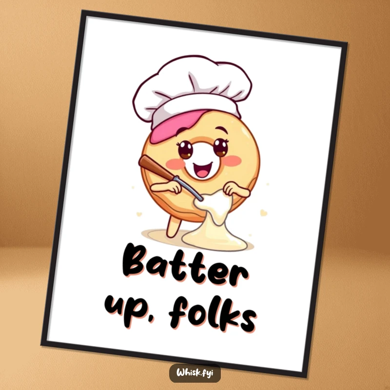 Funny poster featuring a happy donut in a chef hat, enthusiastically mixing batter, bringing sweet, humorous culinary art to any wall.