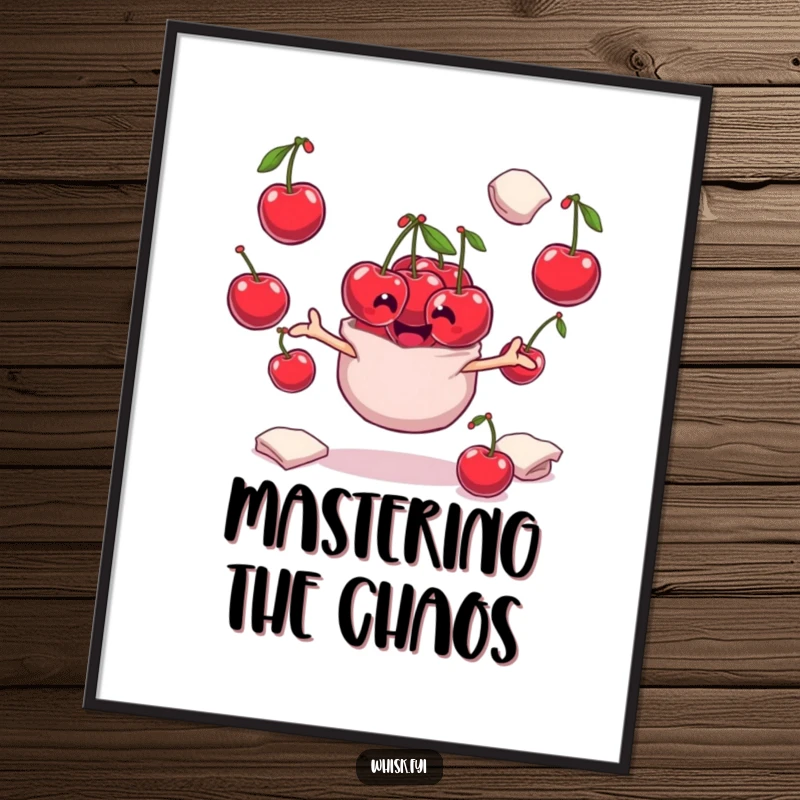 Funny playful bunch of cherries character juggling flour sacks on a vibrant poster, adding a touch of baking fun.