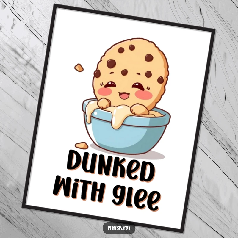 Funny poster art of a giggling cookie happily crumbling slightly while being dunked, full of edible joy.