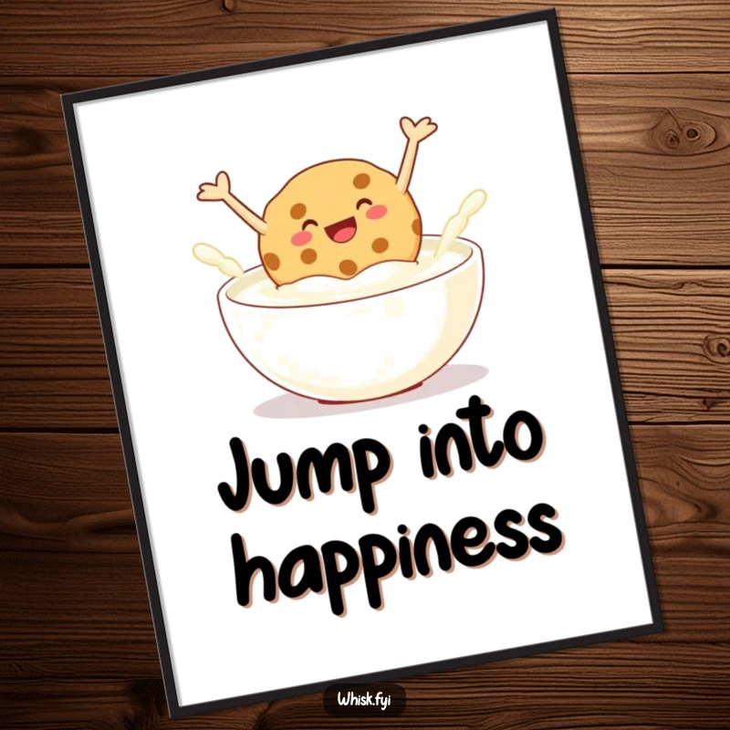 Funny poster illustrating a giggling cookie leaping with pure joy into a bowl of milk, bringing humorous snack-themed art to life.
