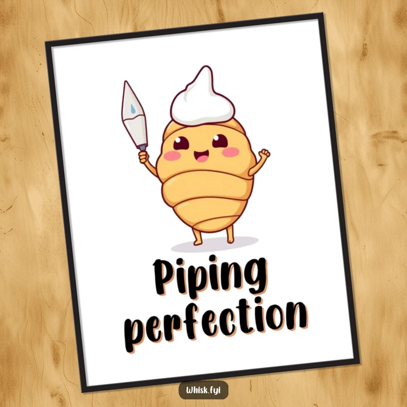 Funny poster art of a happy croissant proudly holding a piping bag, ready to decorate.