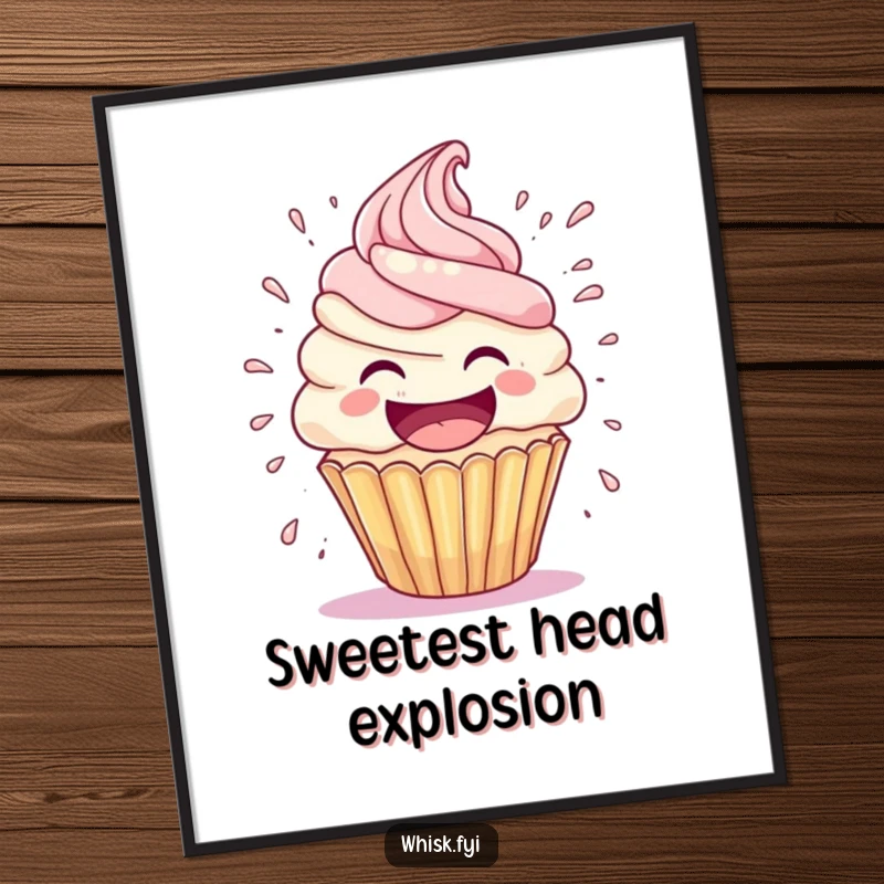 Funny cupcake poster captures a laughing cupcake character with its frosting head exploding joyfully, adding a humorous touch to wall art.