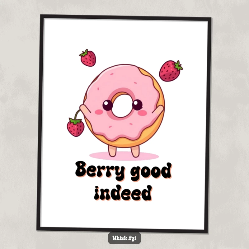 Funny poster of a cheerful donut character playfully tossing a small berry, embodying sweet delight.