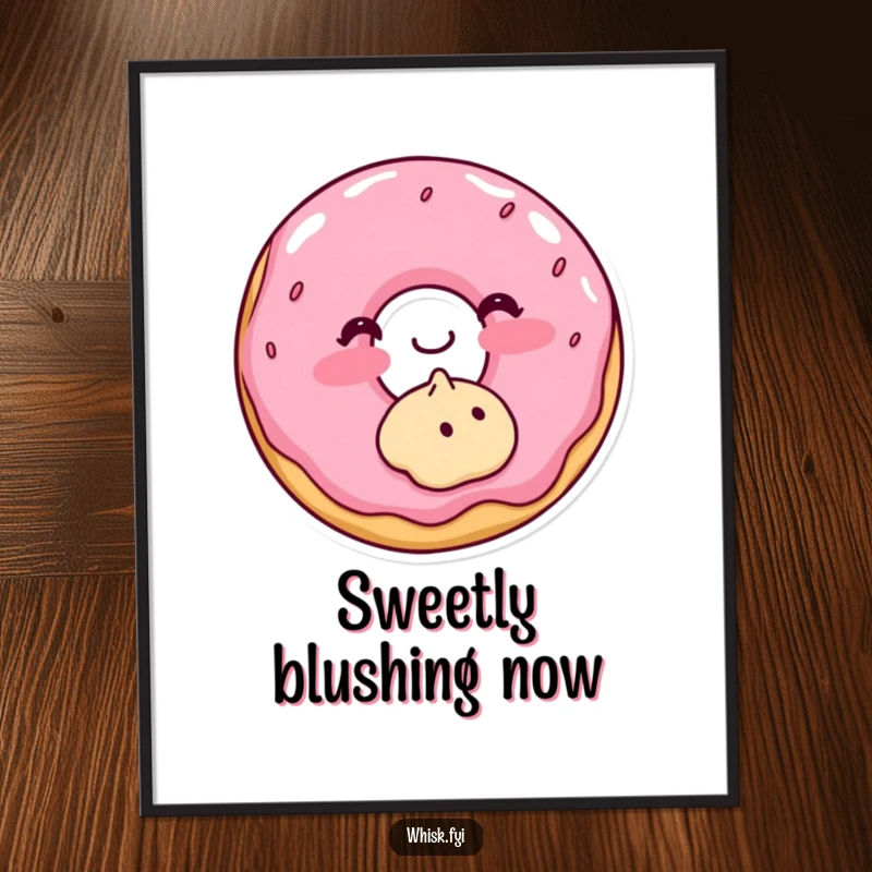 Funny poster art of a blushing donut delicately frosting a cookie, showcasing sweet shyness and baking artistry.
