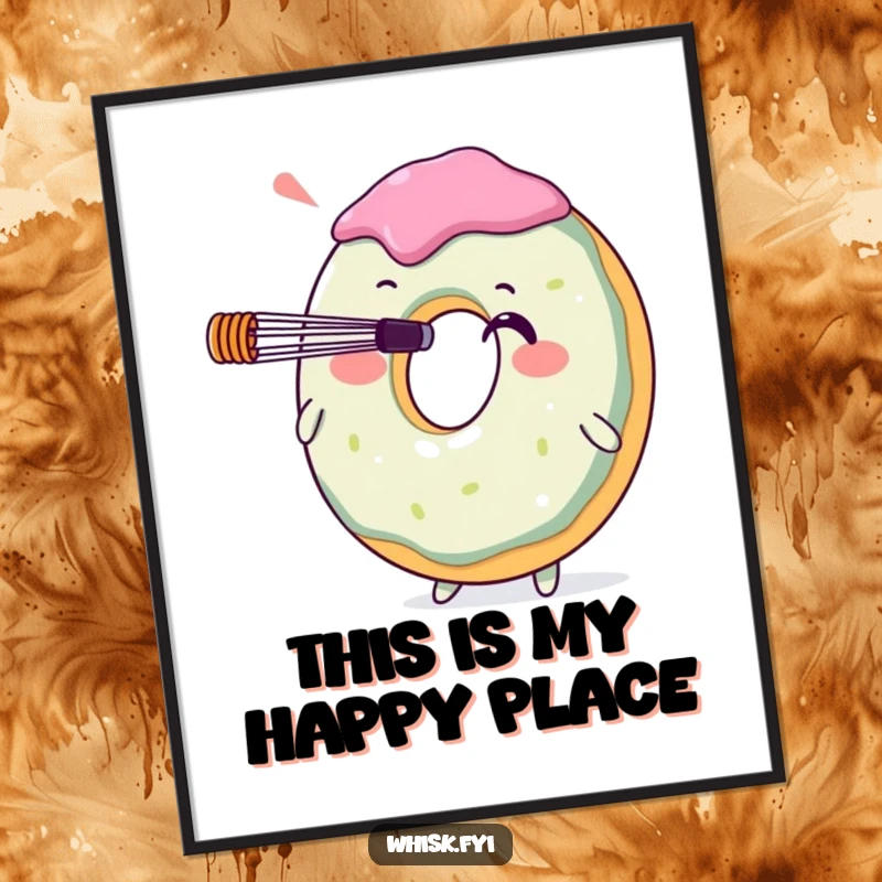 Funny donut character with a whisk balanced on its nose, depicted in a charming poster. A delightful piece of baking-themed humorous wall art.