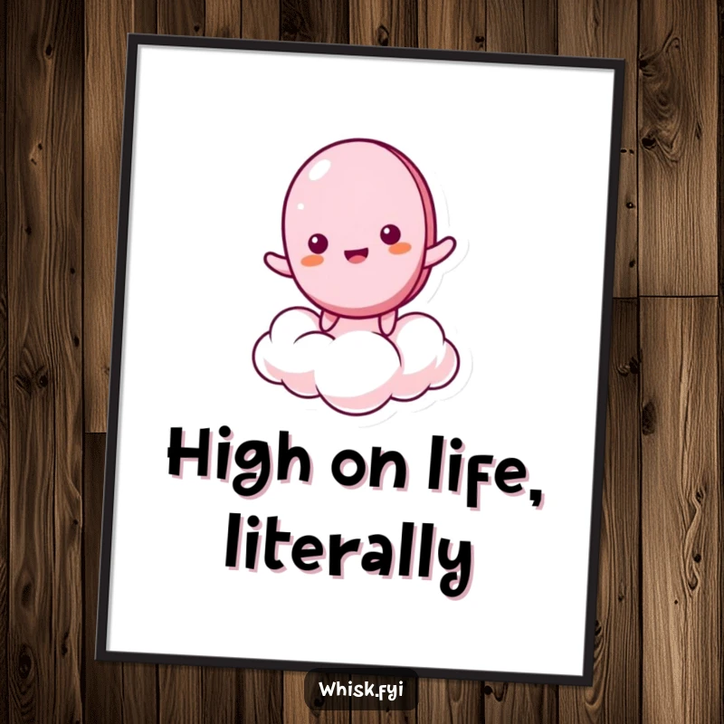 Funny poster showing a giddy macaron character bouncing energetically on a meringue cloud, creating a cheerful and humorous visual.