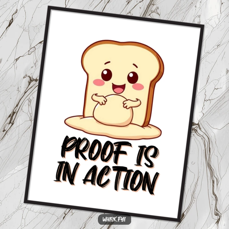 Funny kawaii bread slice enthusiastically kneading dough with a wide smile, as a humorous art print. Perfect kitchen or dining decor.