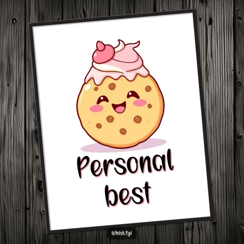 Funny kawaii cookie poster, gleefully icing itself with a cheerful flourish, sweet and joyful wall art.