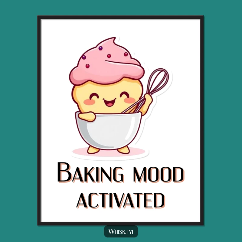 Funny Kawaii Muffin Whisking Poster: Joyful Baking Art & Perfect Humorous Gift