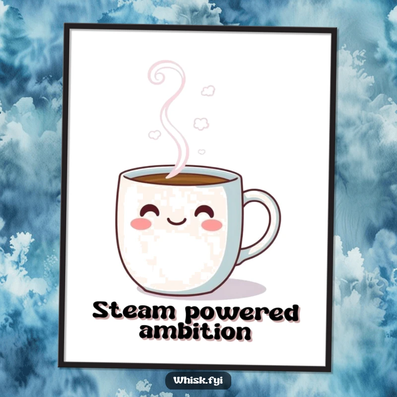 Funny kawaii poster showcasing a cheerful coffee mug with joyful steam clouds, adding a pop of color.