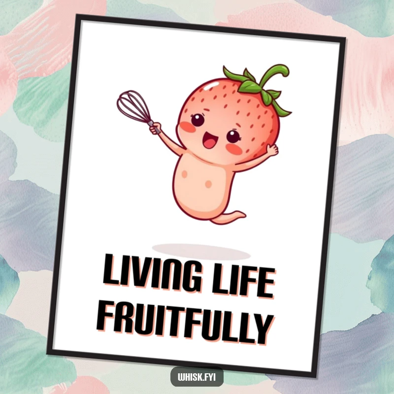 Funny kawaii strawberry poster, performing a cartwheel while holding a tiny whisk, vibrant and hilarious kitchen art, perfect funny gift.