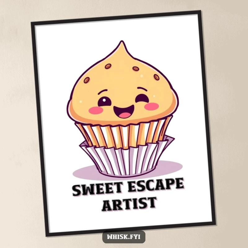 Funny poster showcasing a joyful muffin character gleefully emerging from its paper liner, embodying pure, infectious happiness.