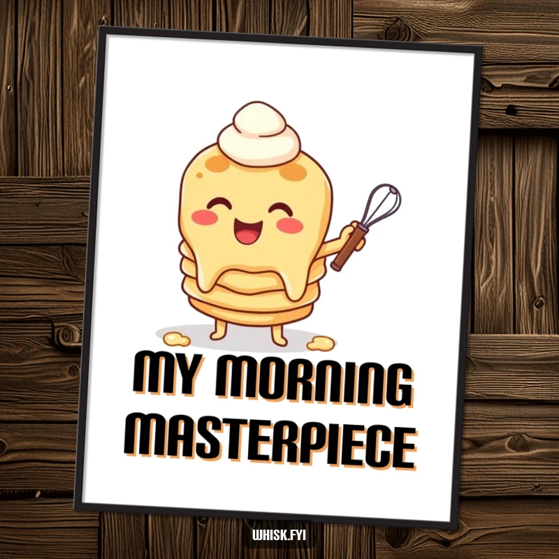 Funny poster of a cheerful pancake character flipping batter with a whisk, adding energetic and humorous breakfast art to any space.