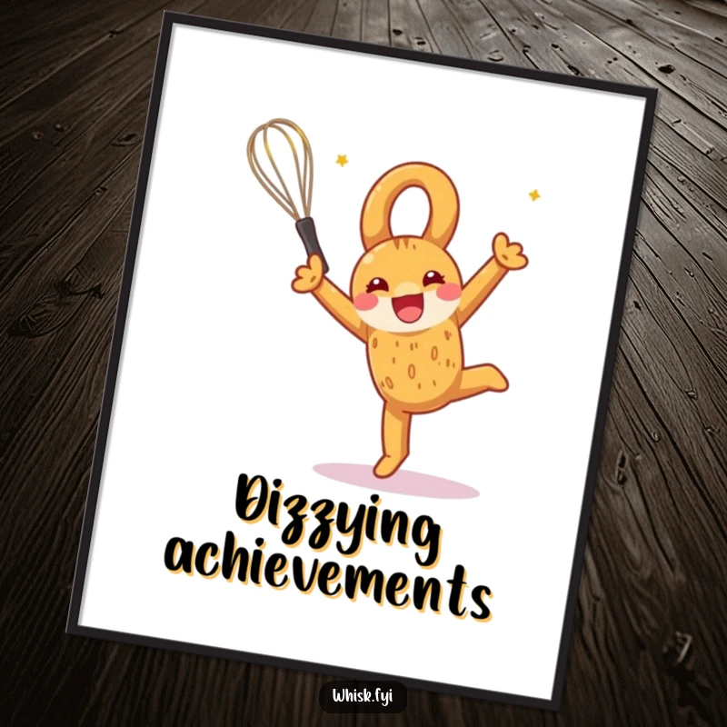 Funny poster art of a silly pretzel mid-somersault, holding a whisk, exuding pure baking joy and playful energy.