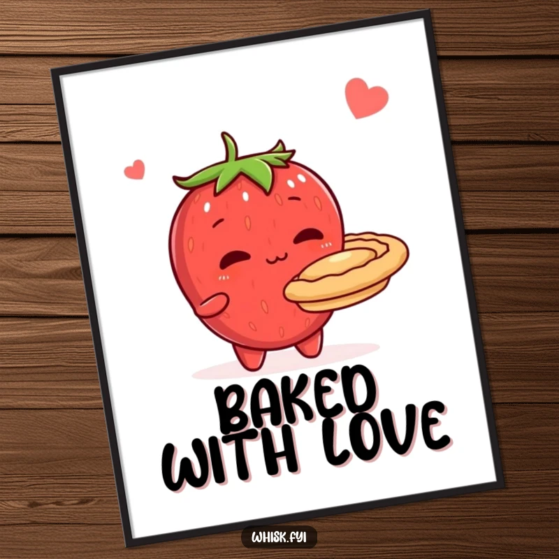 Funny poster featuring a shy, blushing strawberry character proudly displaying a perfectly baked pie, adding artistic charm to any wall space.