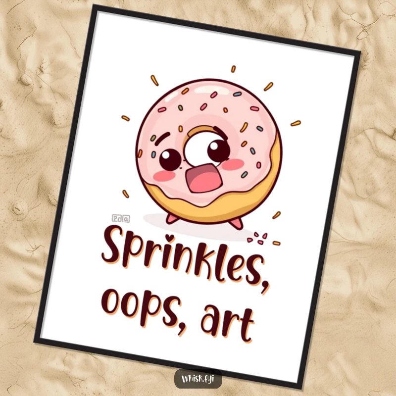 Funny poster capturing a startled doughnut character mid-fall, with a whimsical explosion of colorful sprinkles, adding comedic flair to decor.