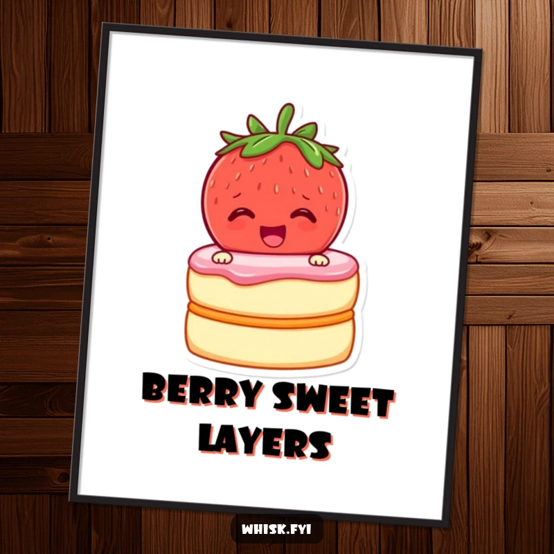 Funny poster art of a cheerful strawberry zipping cake layers together, adding a fun baking theme.