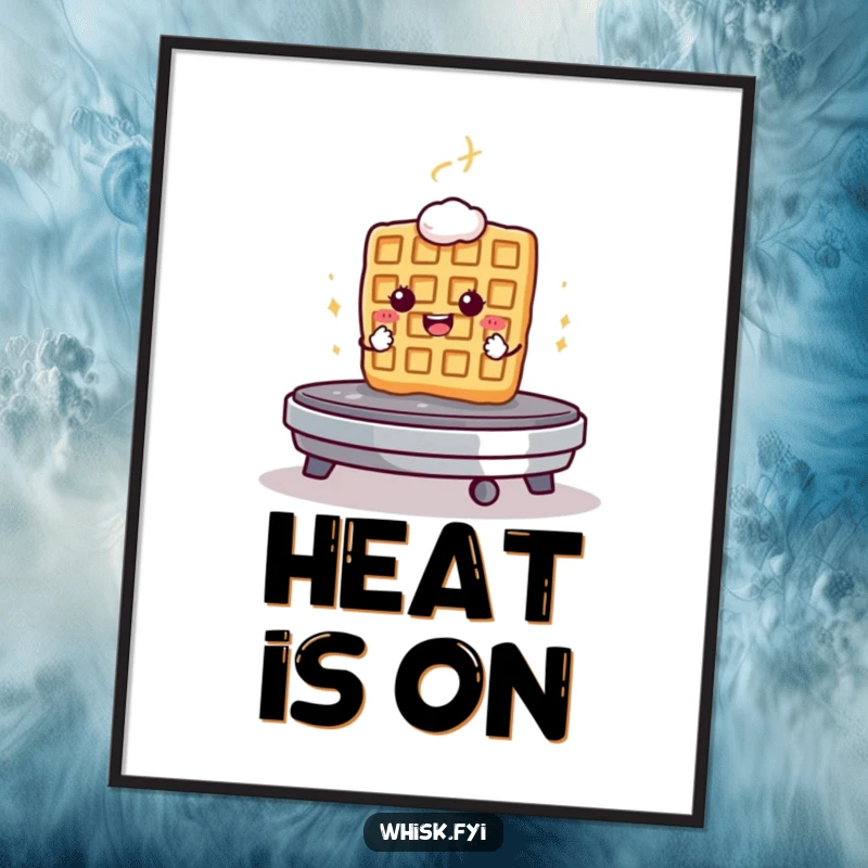 Funny poster art of a determined waffle bravely standing on a hot griddle, ready to face the heat.