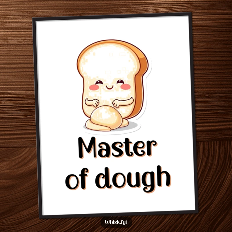 Funny poster of a smiling, round bread slice character joyfully kneading dough with tiny hands, a whimsical baking art piece.
