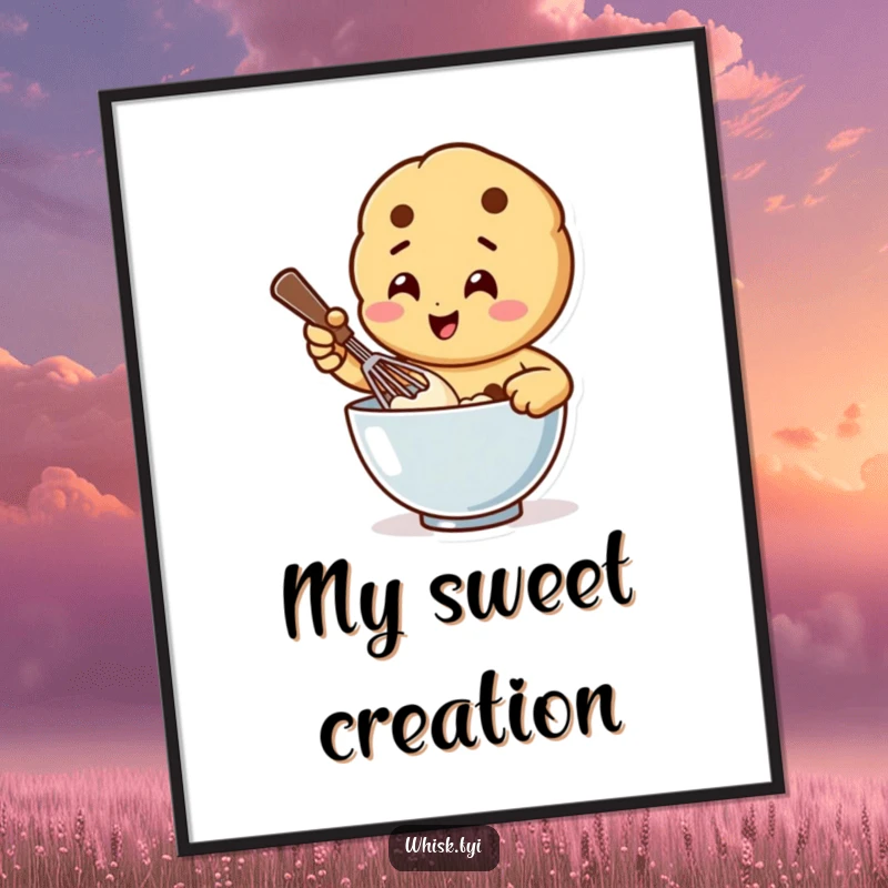Funny poster of a happy cookie character vigorously whisking batter in a bowl, adding a humorous and artistic touch to baking spaces.
