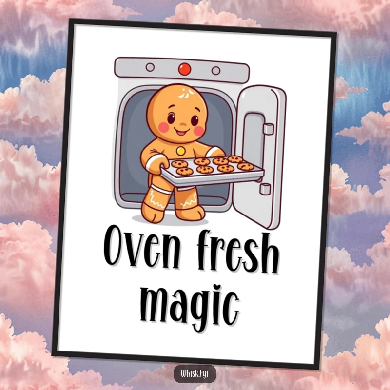 Funny poster art of a playful gingerbread man skillfully sliding a cookie tray out of an oven, adding whimsical decor.