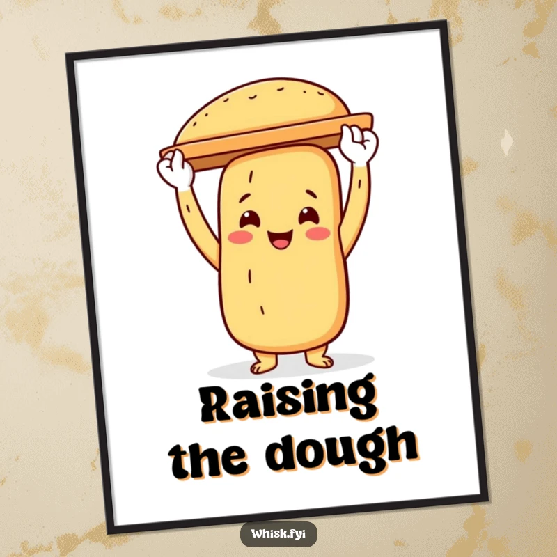Funny baguette baker poster depicting a proud baguette character holding a baking sheet high, symbolizing baked excellence.