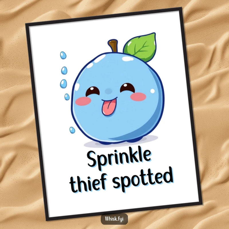 Funny cheerful blue blueberry character with a mischievous grin catching a falling sprinkle with its tongue, displayed on a poster.