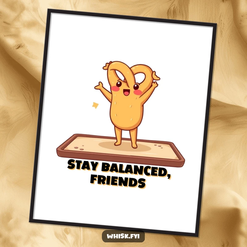 Funny poster illustrating a cheerful pretzel balancing in a handstand on a baking sheet, bringing humorous bakery art to life.
