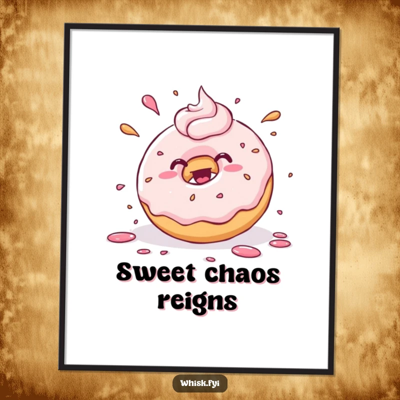 Funny kawaii donut joyfully splattering frosting with playful abandon, as a humorous art print. Perfect kitchen or candy-themed decor.