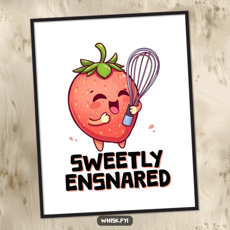 Funny poster of a playful strawberry character comically entangled in a whisk, adding sweet and humorous fruit art to any space.