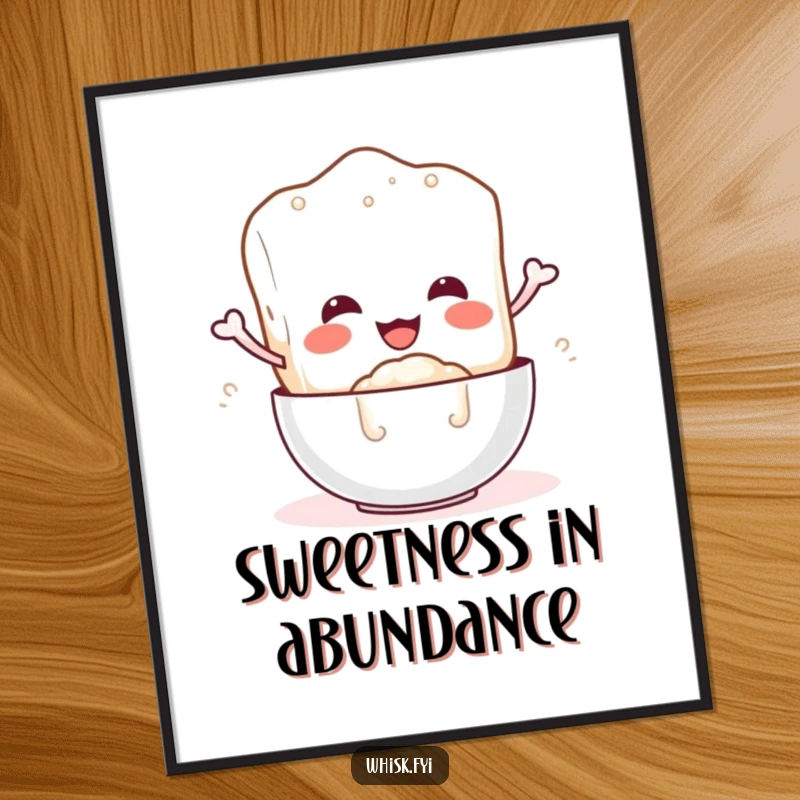Funny poster artwork of a smiling sugar cube character gleefully pouring sugar, adding cheerful humor to decor.