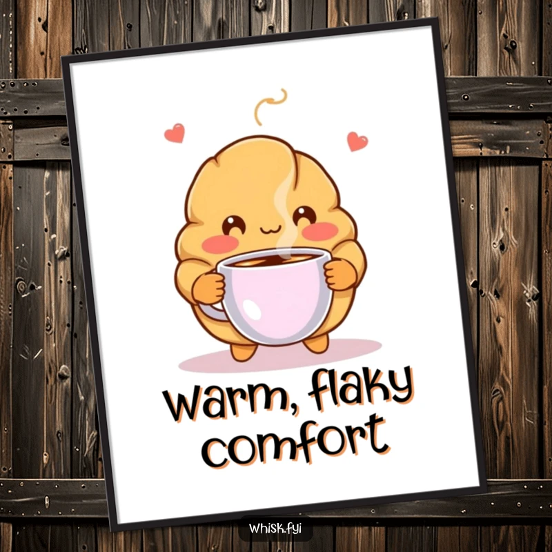Funny poster featuring a shy, blushing croissant offering a steaming coffee cup, creating a cozy and humorous art piece.