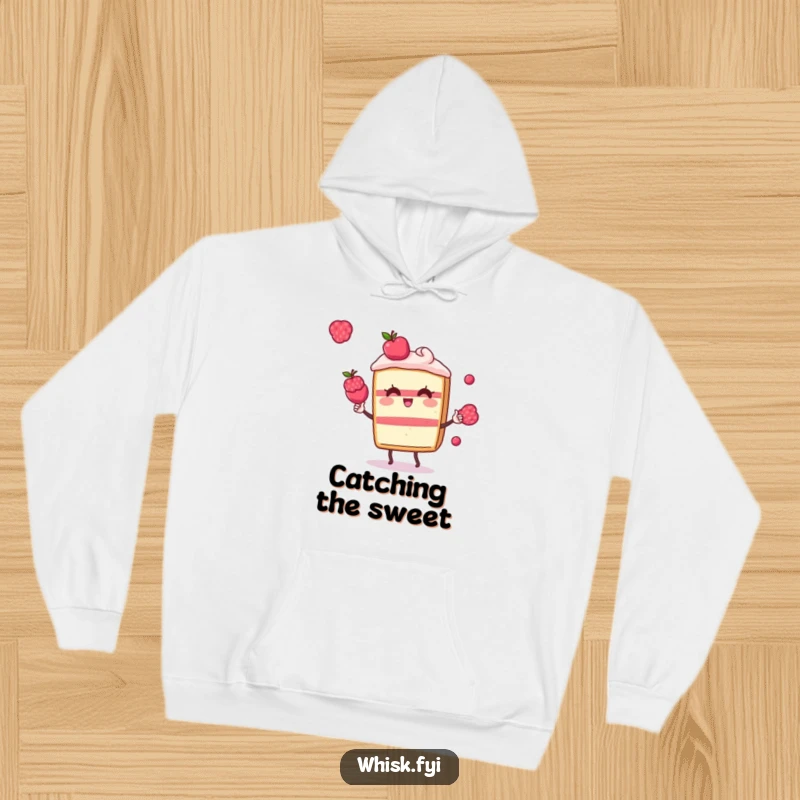 Funny Kawaii cake hoodie, featuring a cute cake slice character juggling berries, perfect for cozy and sweet moments.