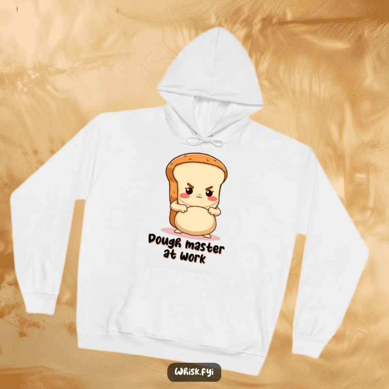 Funny determined brown bread loaf proudly kneading dough with gusto on a cozy hoodie, a warm gift for bakers.