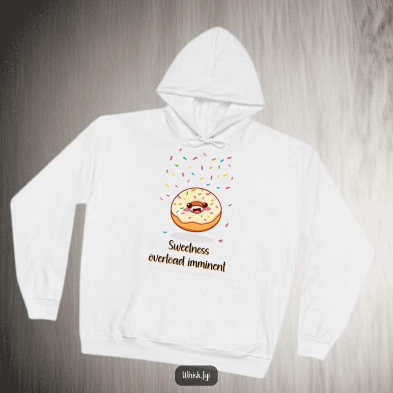 Funny Kawaii donut character joyfully scattering colorful sprinkles from above on a cozy hoodie, creating a sweet vibe.