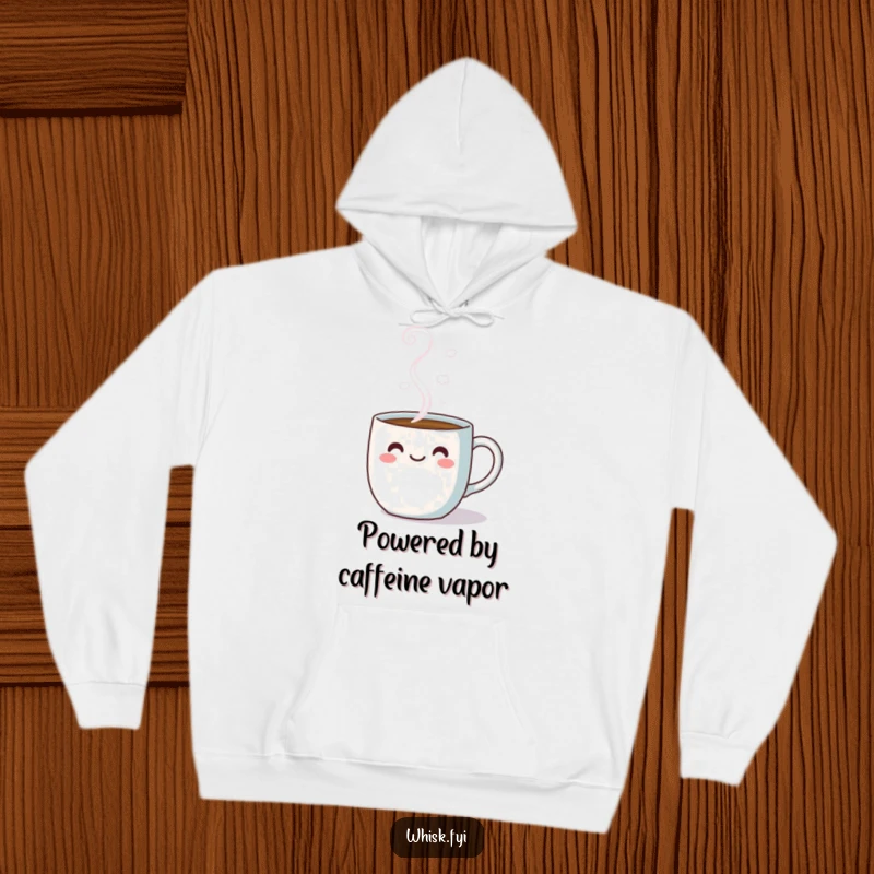 Funny kawaii hoodie with a cute coffee mug illustration and radiating cheerful steam, offering comfort and joy.