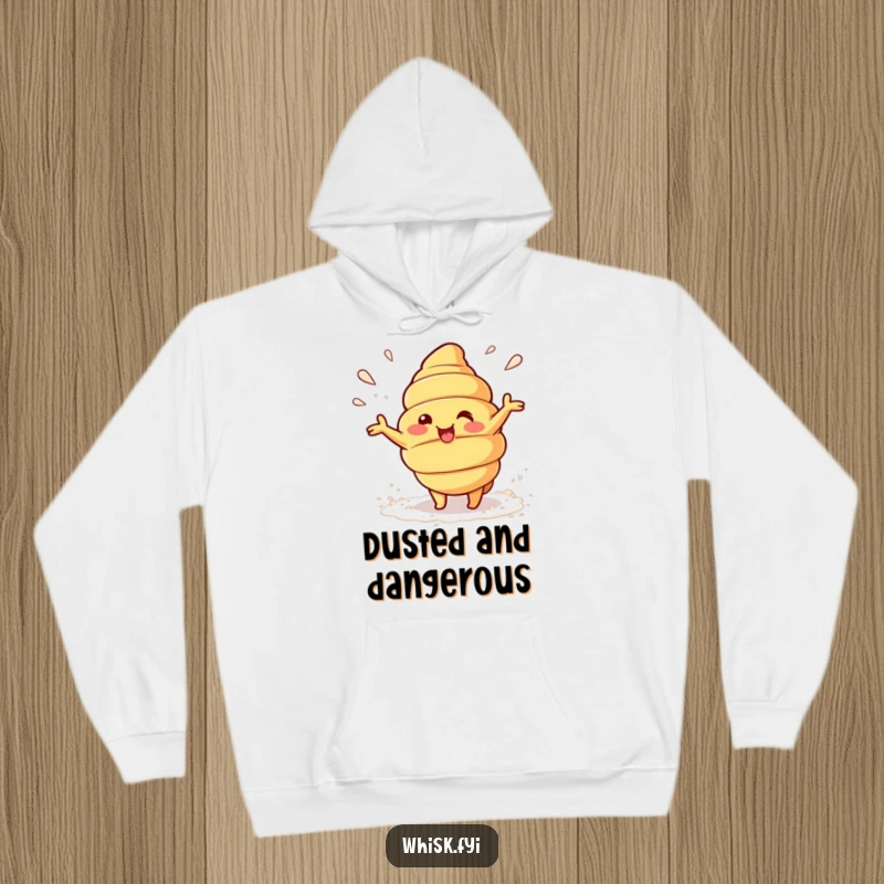 Funny Kawaii croissant character beaming and playfully tossing flour on a cozy hoodie, suggesting kitchen fun.