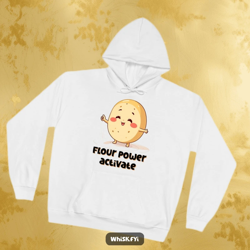 Funny bread character hoodie showing a smiling baker enthusiastically dusting a countertop with flour.