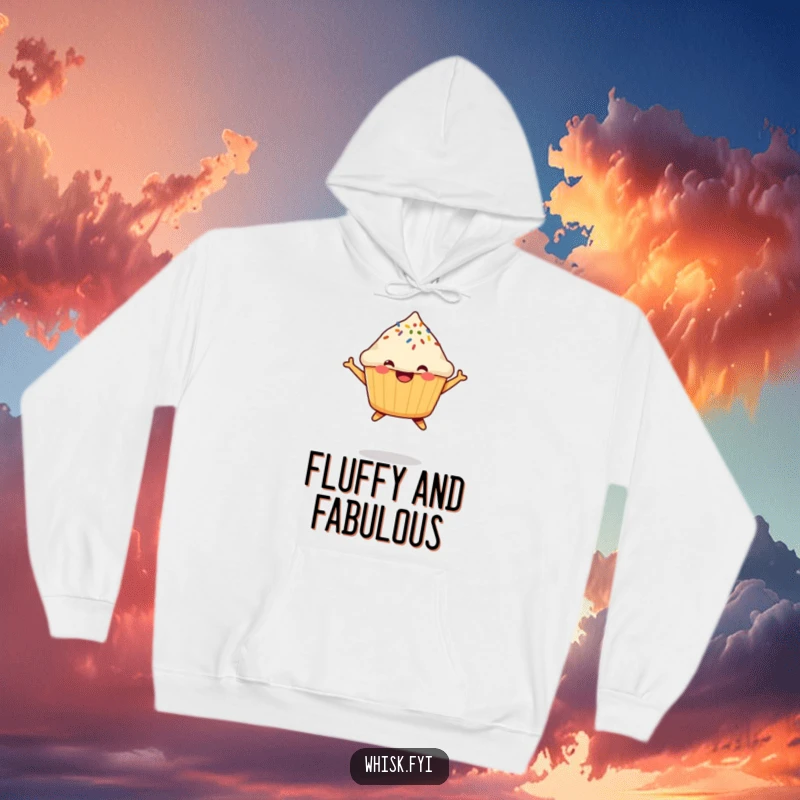 Funny Muffin Hoodie showcasing a delighted, jumping muffin with a sprinkle, symbolizing joy and warmth in a cozy design.