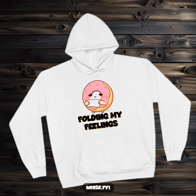 Funny hoodie showing a determined, small donut character carefully folding a small piece of parchment paper, cozy and precise.