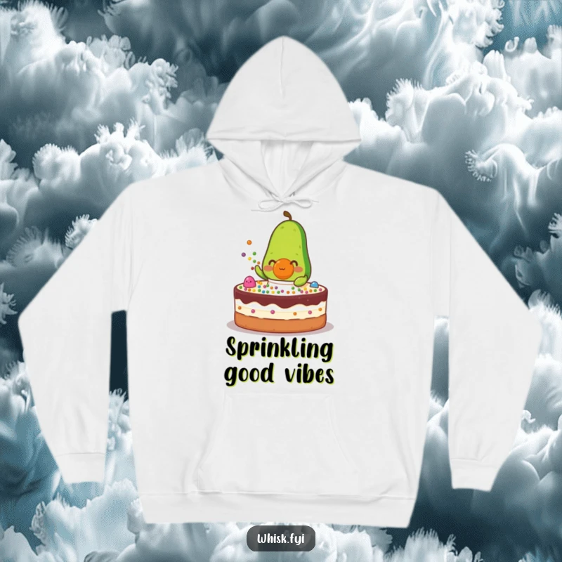 Funny green avocado character in a tiny apron sprinkling colorful dots onto a cake, cozy hoodie.
