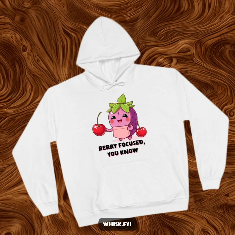 Funny berry hoodie featuring a delighted berry chef wearing an apron and placing a cherry, perfect for food enthusiasts.